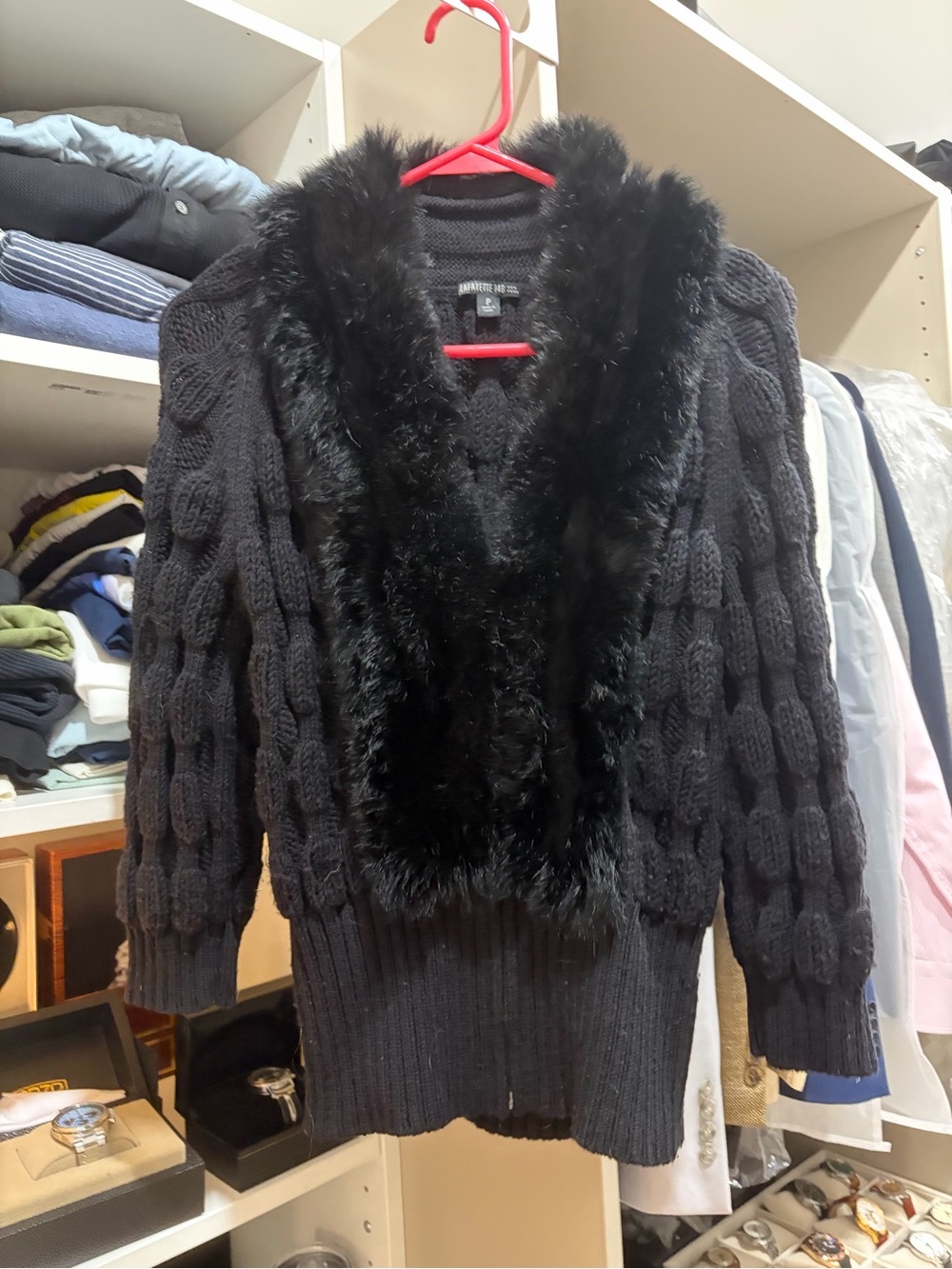 Lafayette 148 New York Black Cable-Knit Sweater with Faux Fur Trim